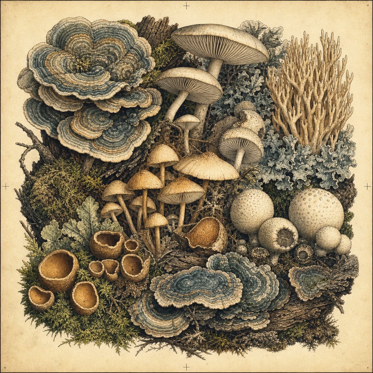 多种真菌组成的博物学插画