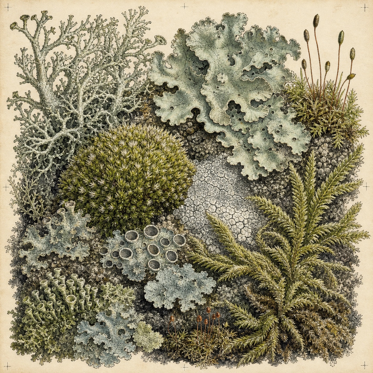 地衣与苔藓组成的博物学插画
